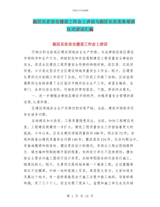 副区长在安全建设工作会上讲话与副区长在实务培训仪式讲话汇编