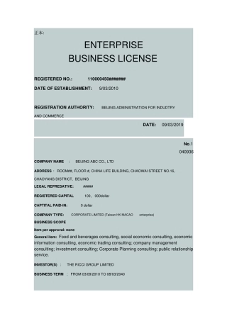 企业法人营业执照英文翻译模板正副本