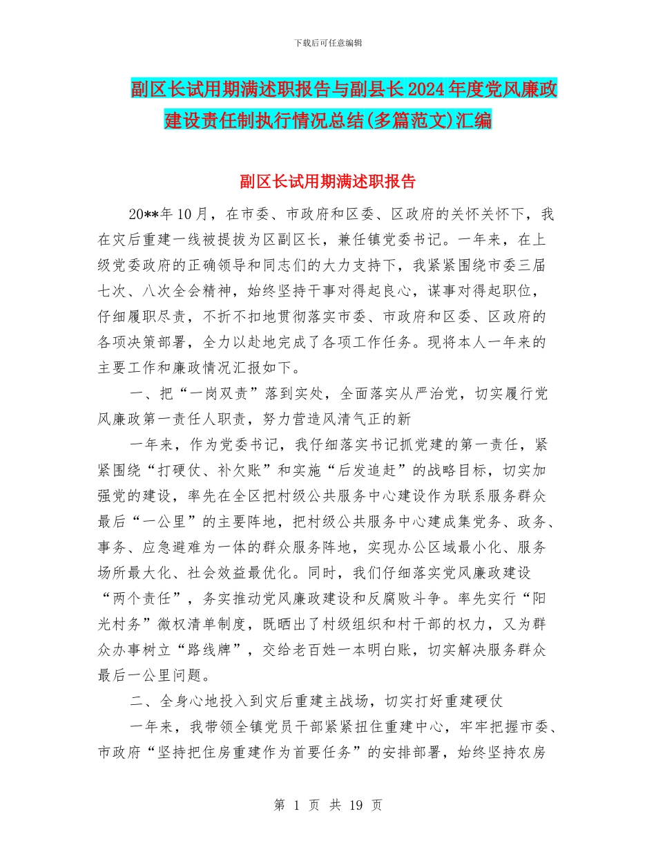 副区长试用期满述职报告与副县长2024年度党风廉政建设责任制执行情况总结汇编_第1页