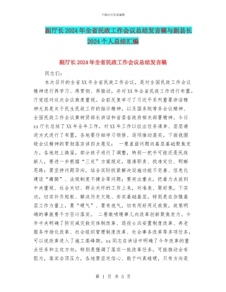 副厅长2024年全省民政工作会议总结发言稿与副县长2024个人总结汇编