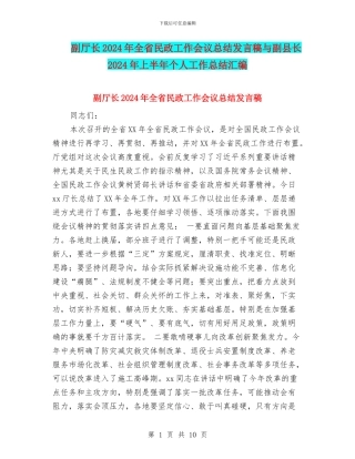 副厅长2024年全省民政工作会议总结发言稿与副县长2024年上半年个人工作总结汇编