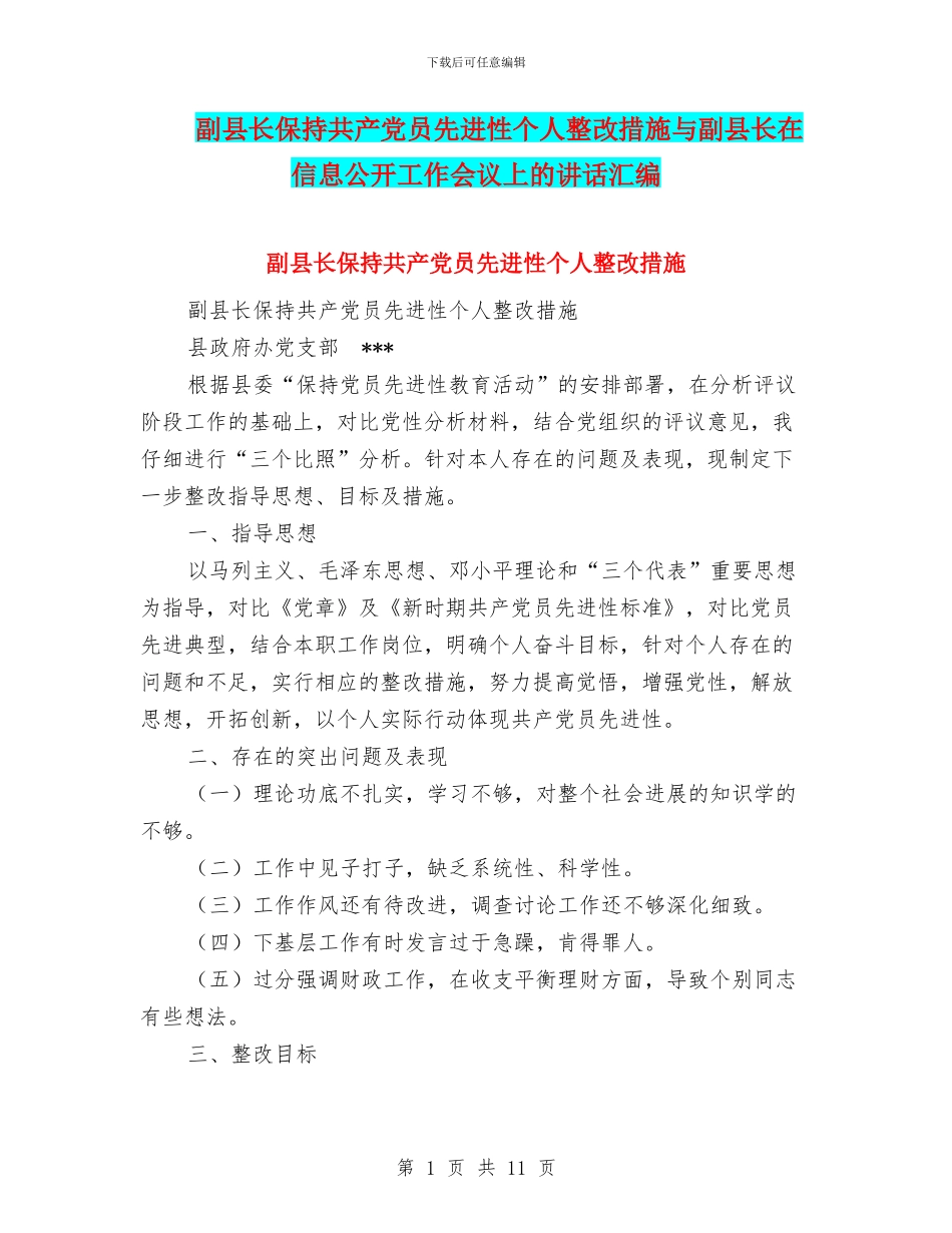 副县长保持共产党员先进性个人整改措施与副县长在信息公开工作会议上的讲话汇编_第1页