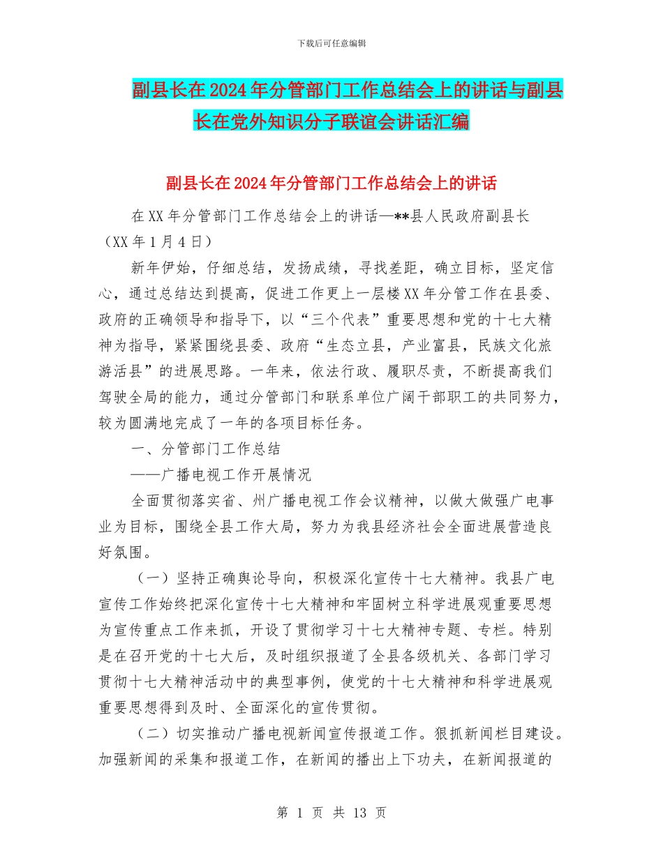 副县长在2024年分管部门工作总结会上的讲话与副县长在党外知识分子联谊会讲话汇编_第1页