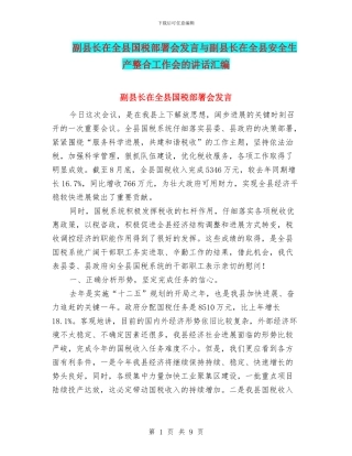 副县长在全县国税部署会发言与副县长在全县安全生产整合工作会的讲话汇编