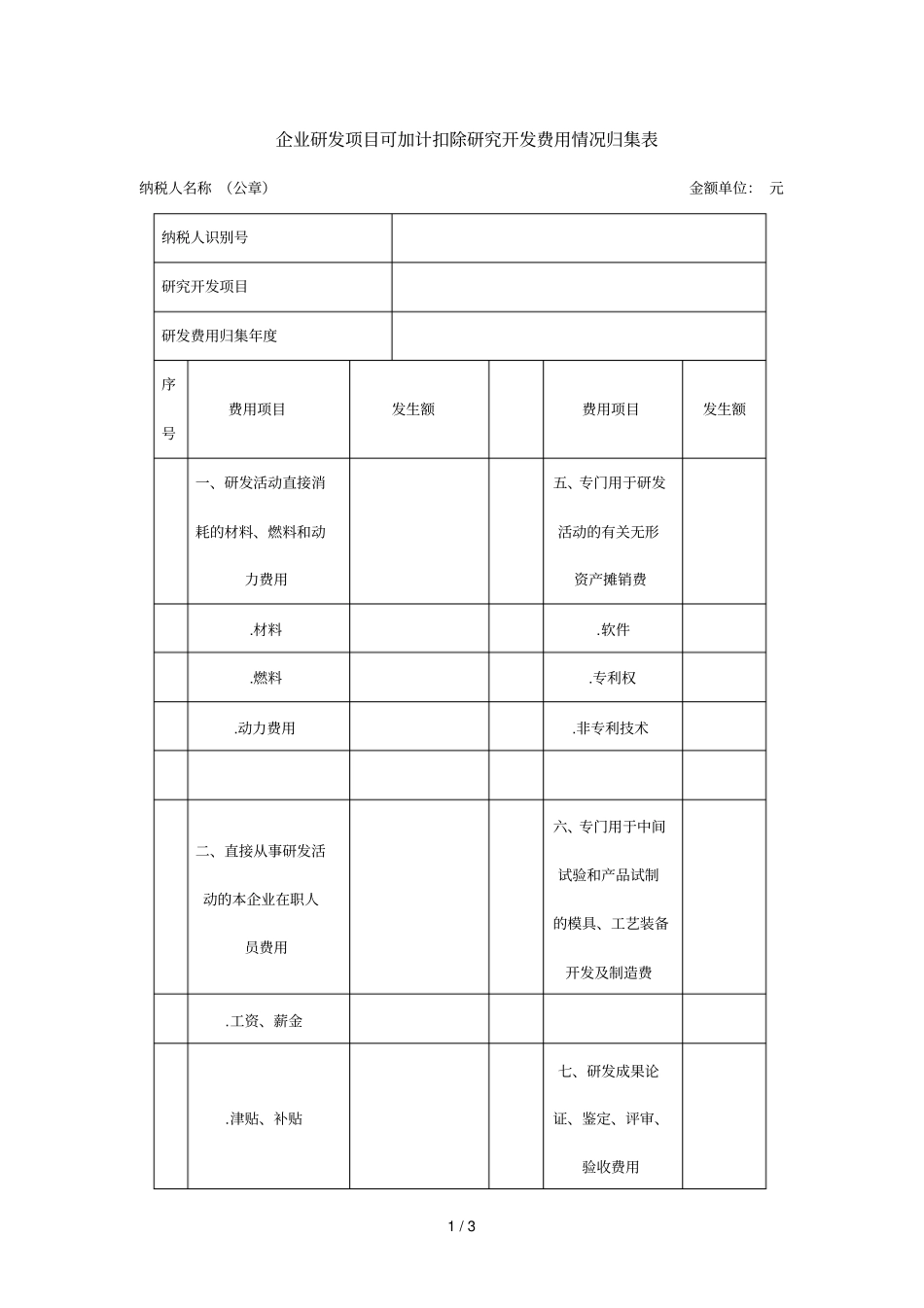 企业研发项目可加计扣除研究开发费用情况归集表_第1页