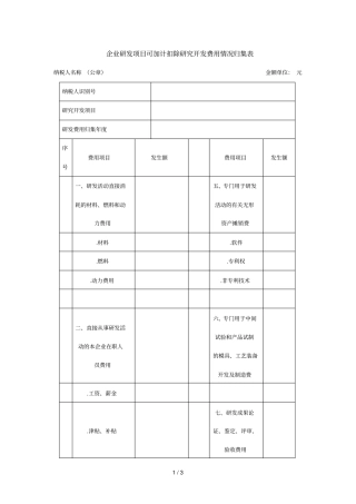企业研发项目可加计扣除研究开发费用情况归集表