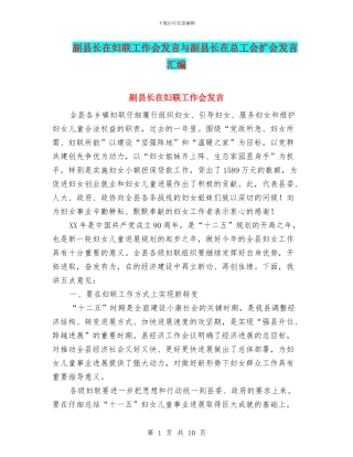 副县长在妇联工作会发言与副县长在总工会扩会发言汇编