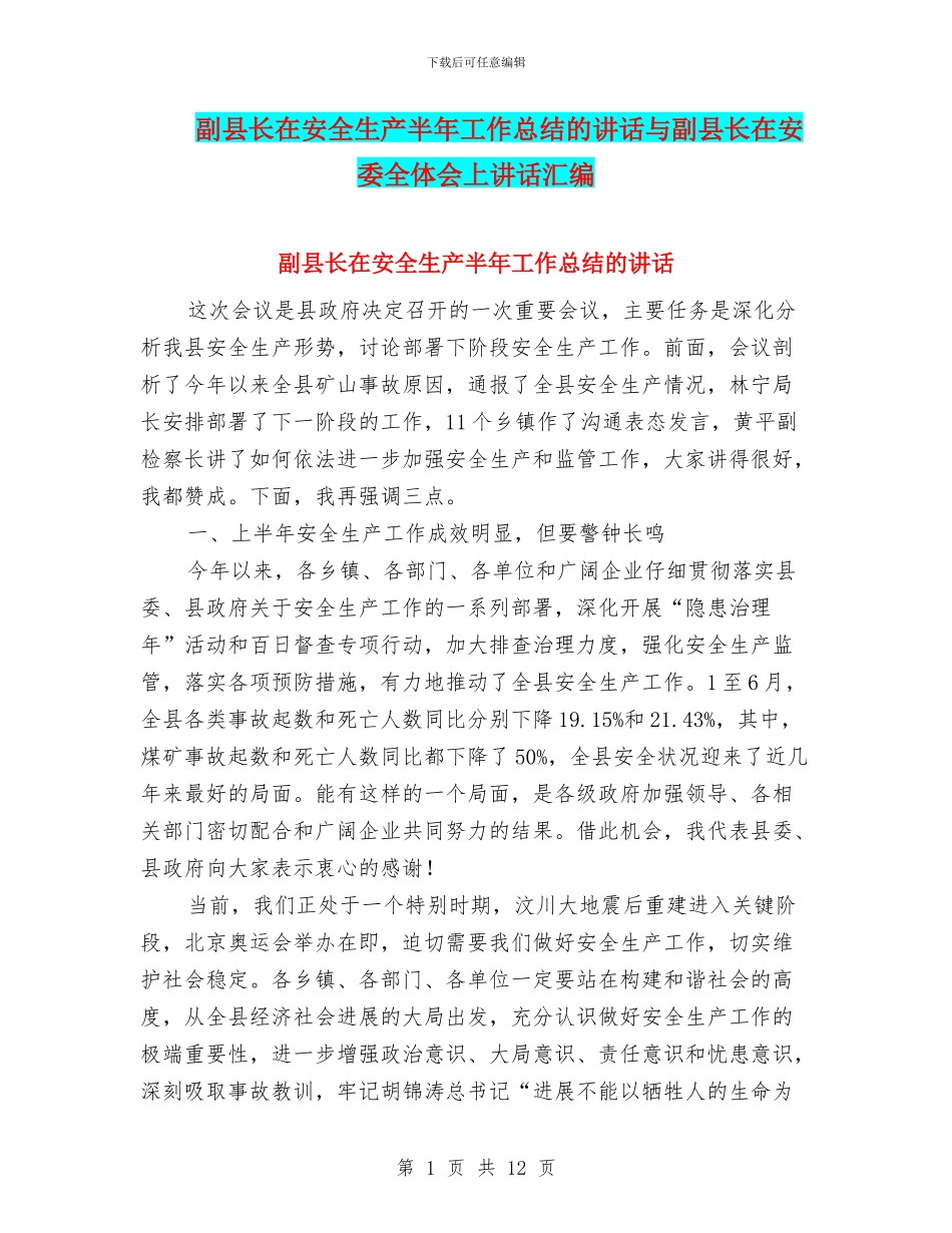 副县长在安全生产半年工作总结的讲话与副县长在安委全体会上讲话汇编_第1页