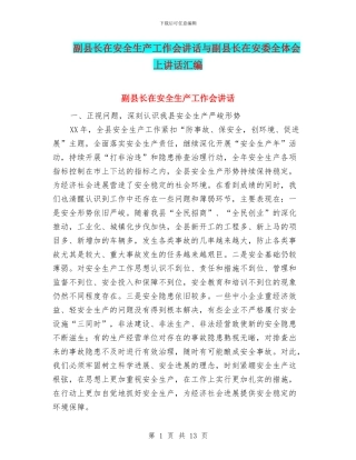 副县长在安全生产工作会讲话与副县长在安委全体会上讲话汇编