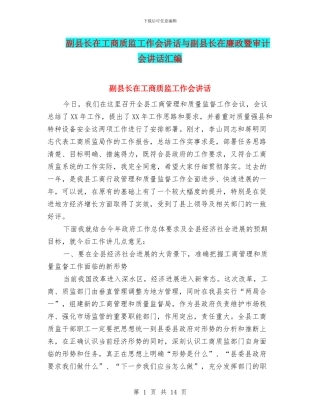 副县长在工商质监工作会讲话与副县长在廉政暨审计会讲话汇编