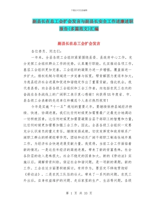 副县长在总工会扩会发言与副县长安全工作述廉述职报告汇编