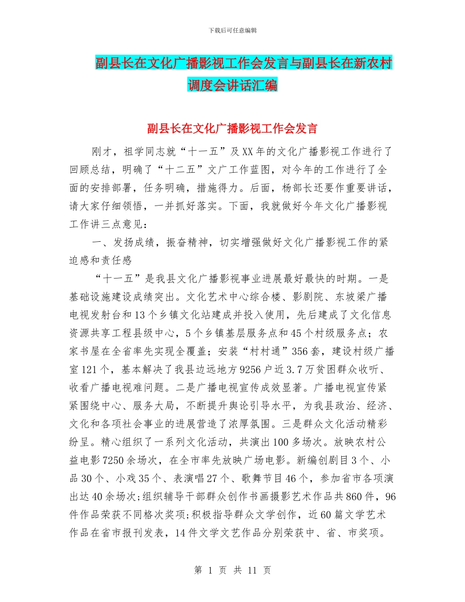 副县长在文化广播影视工作会发言与副县长在新农村调度会讲话汇编_第1页