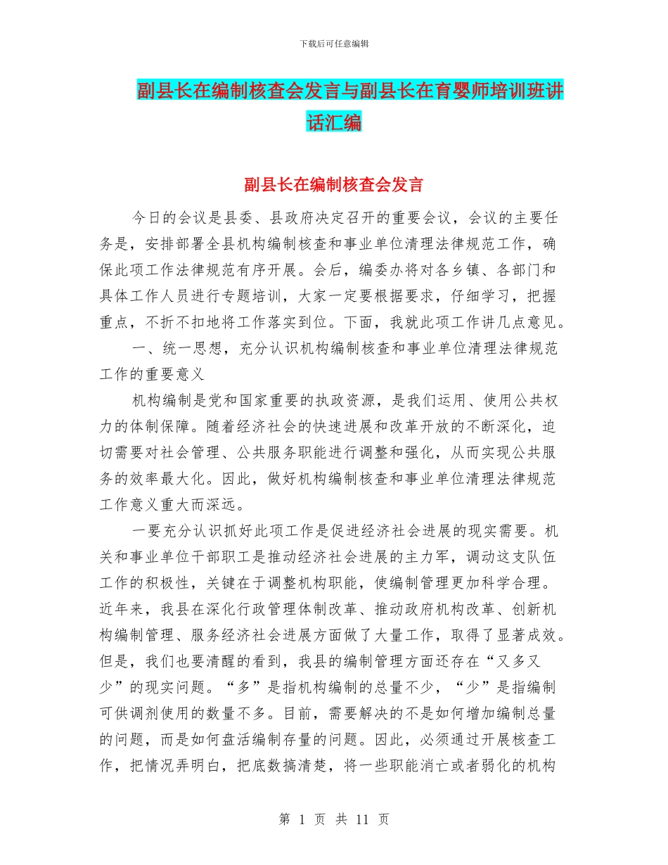 副县长在编制核查会发言与副县长在育婴师培训班讲话汇编_第1页