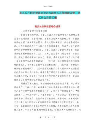 副县长在网吧管理会讲话与副县长在能源建设暨三夏工作会讲话汇编