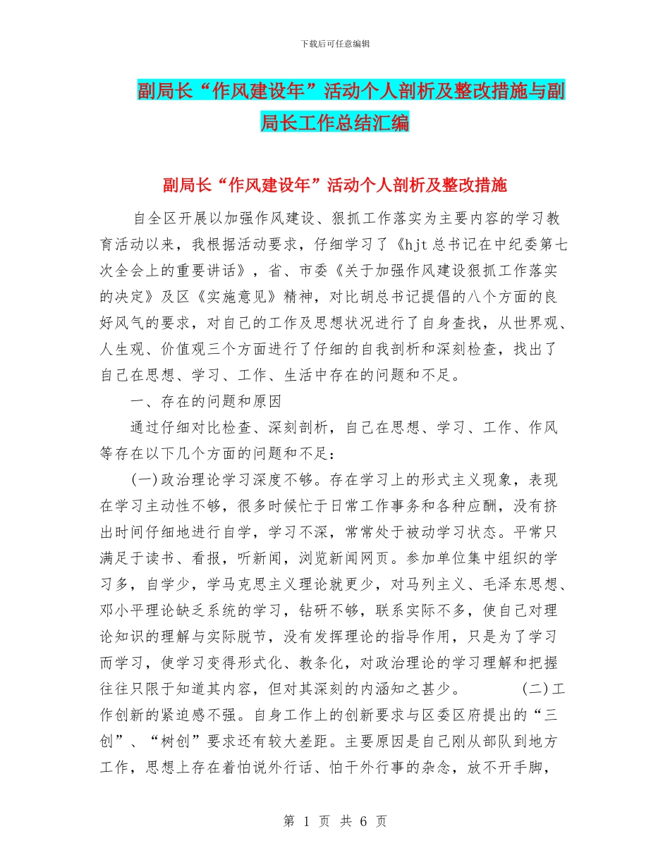 副局长“作风建设年”活动个人剖析及整改措施与副局长工作总结汇编_第1页