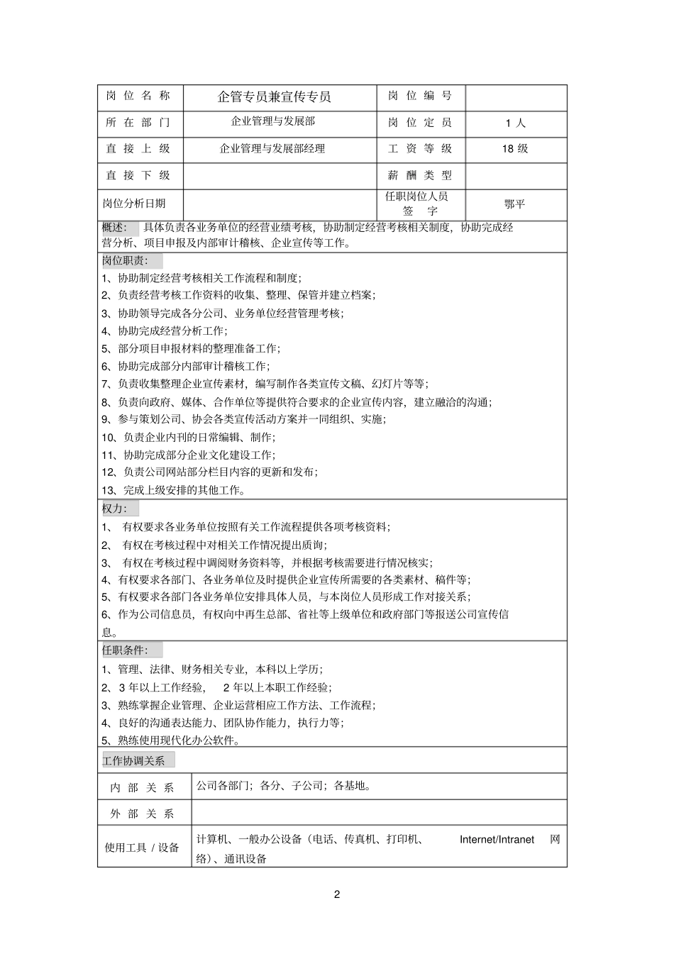 企业管理与发展部职务说明书_第2页