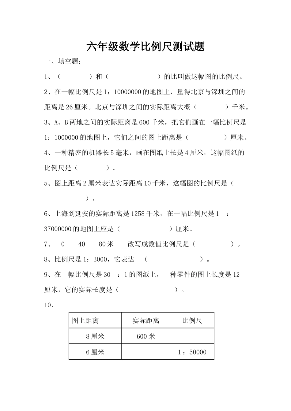 2025年比例尺练习题_第1页