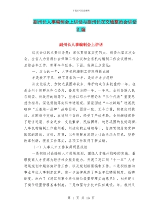 副州长人事编制会上讲话与副州长在交通整治会讲话汇编