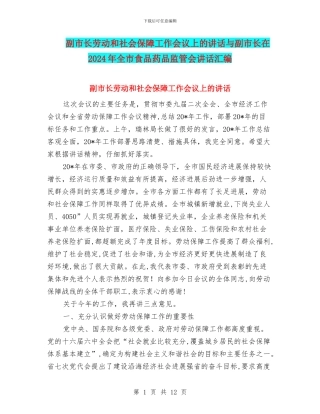 副市长劳动和社会保障工作会议上的讲话与副市长在2024年全市食品药品监管会讲话汇编