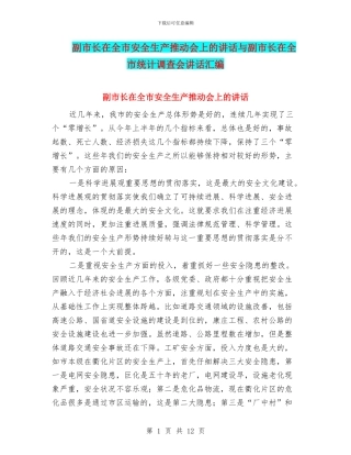 副市长在全市安全生产推进会上的讲话与副市长在全市统计调查会讲话汇编