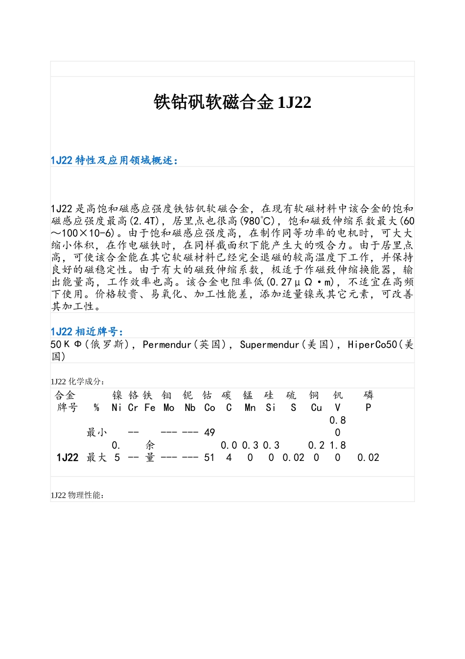 2025年铁钴矾软磁合金1J22_第1页