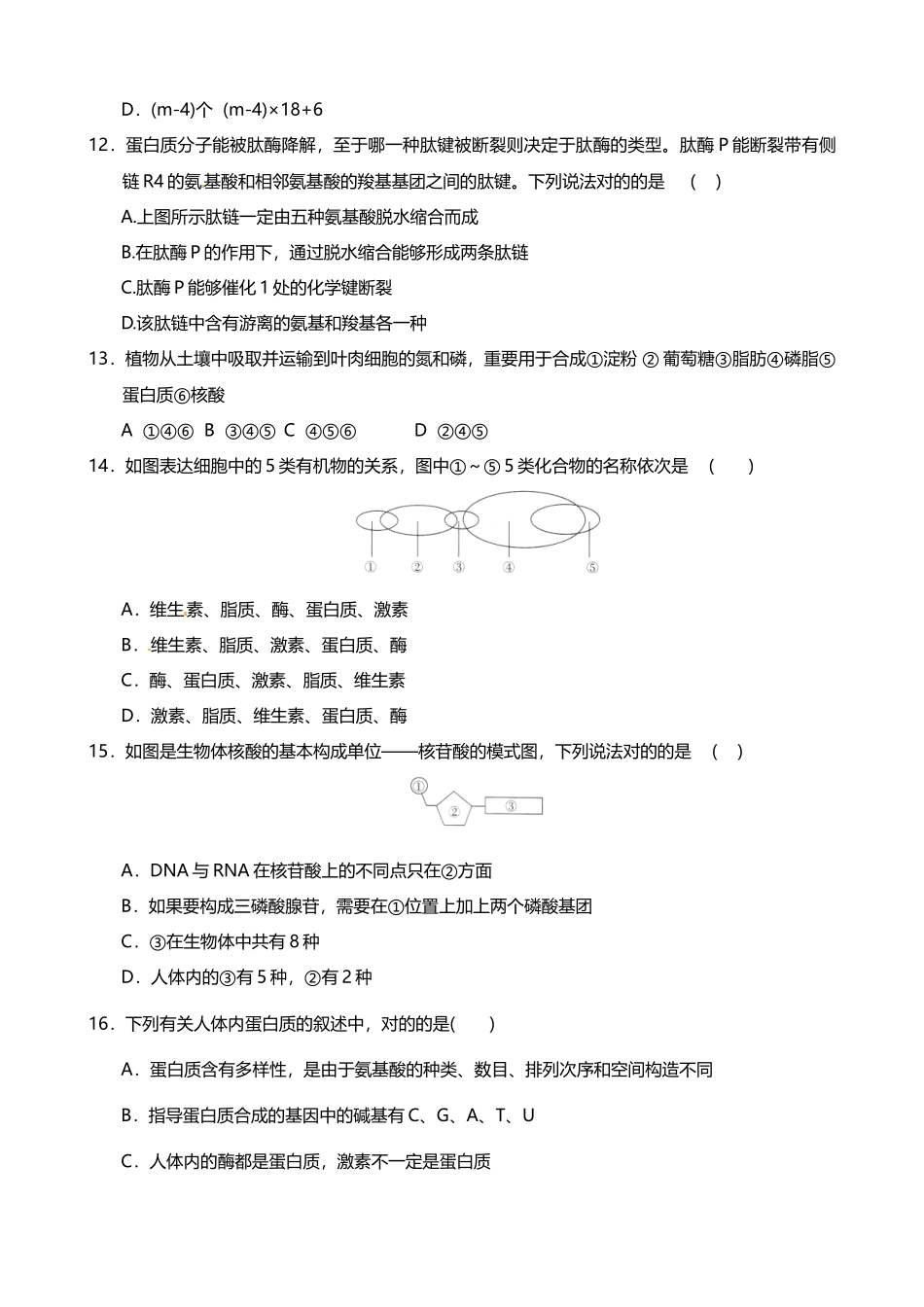 2025年组成细胞的分子单元测试题_第3页