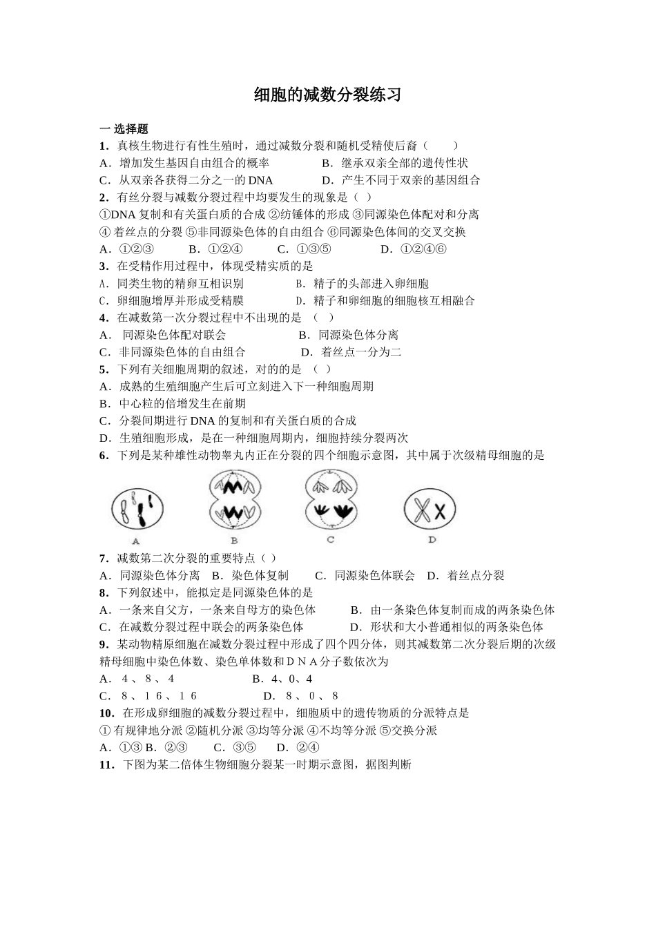 2025年减数分裂和受精作用专题和答案_第1页