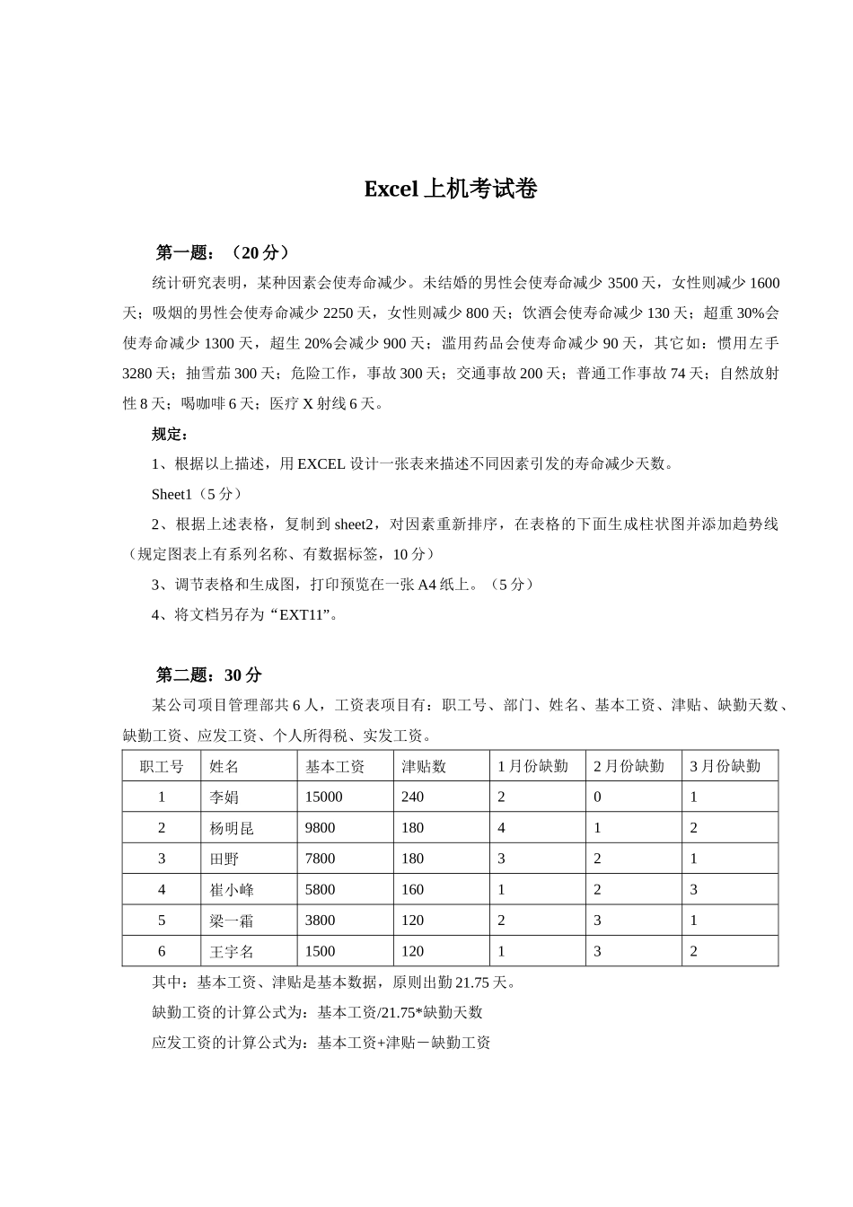 2025年Excel上机考试题_第1页