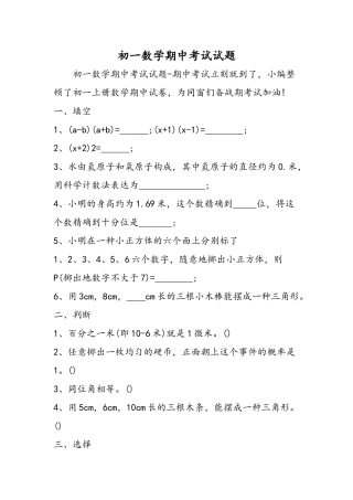 2025年新版初一数学期中考试试题