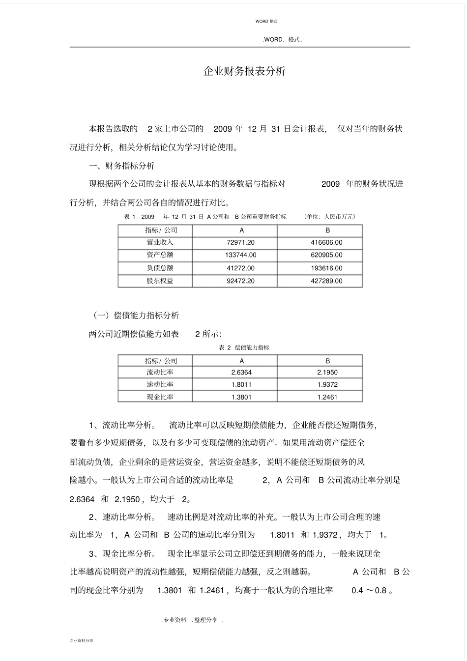 企业财务报表分析范例_两公司对比分析范文_第1页
