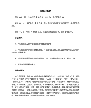 2025年民事起诉状侵犯名誉权