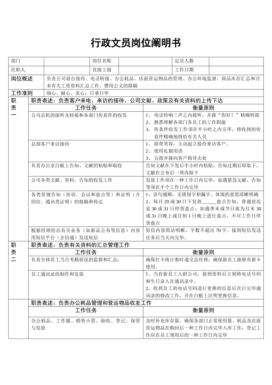 2025年行政文员岗位说明书_第1页