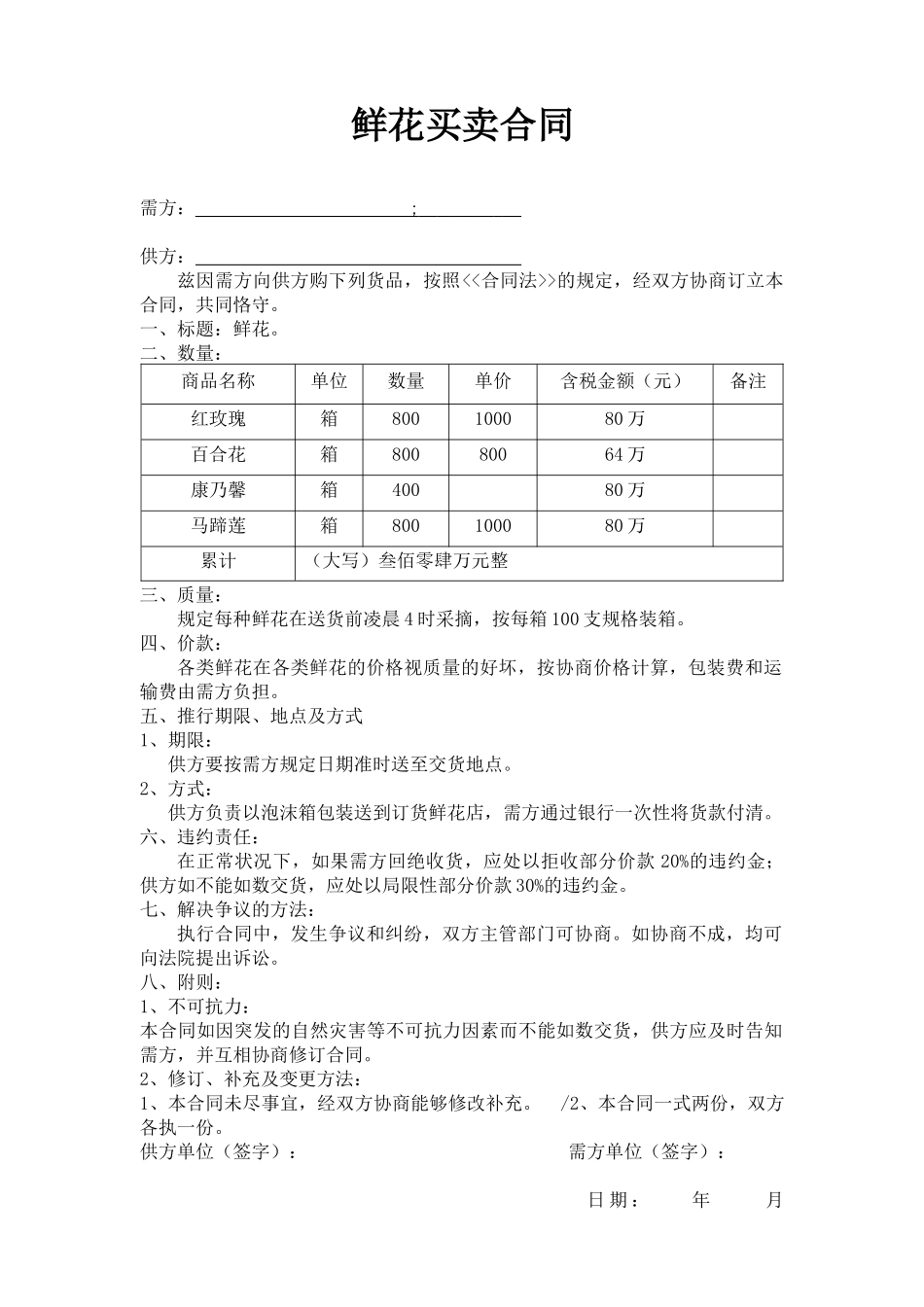 2025年鲜花购销合同_第1页