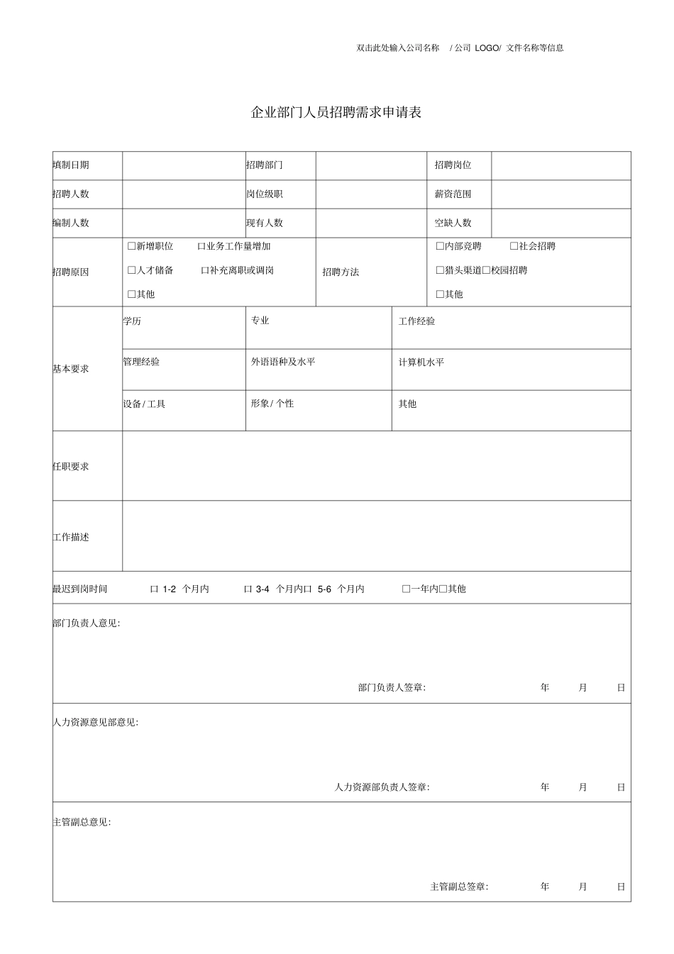 企业部门人员招聘需求申请表_第1页