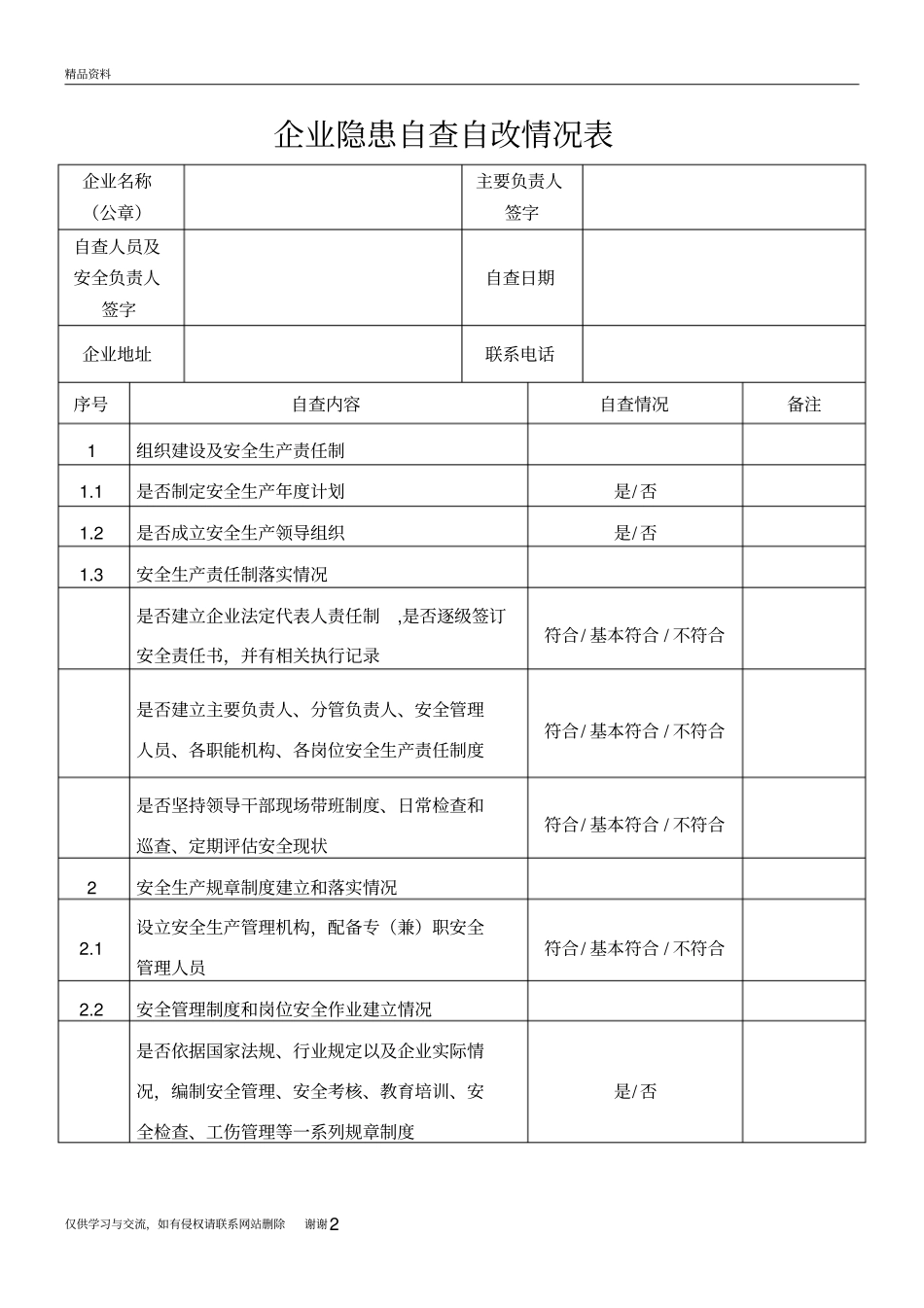 企业隐患自查自改情况表资料_第2页