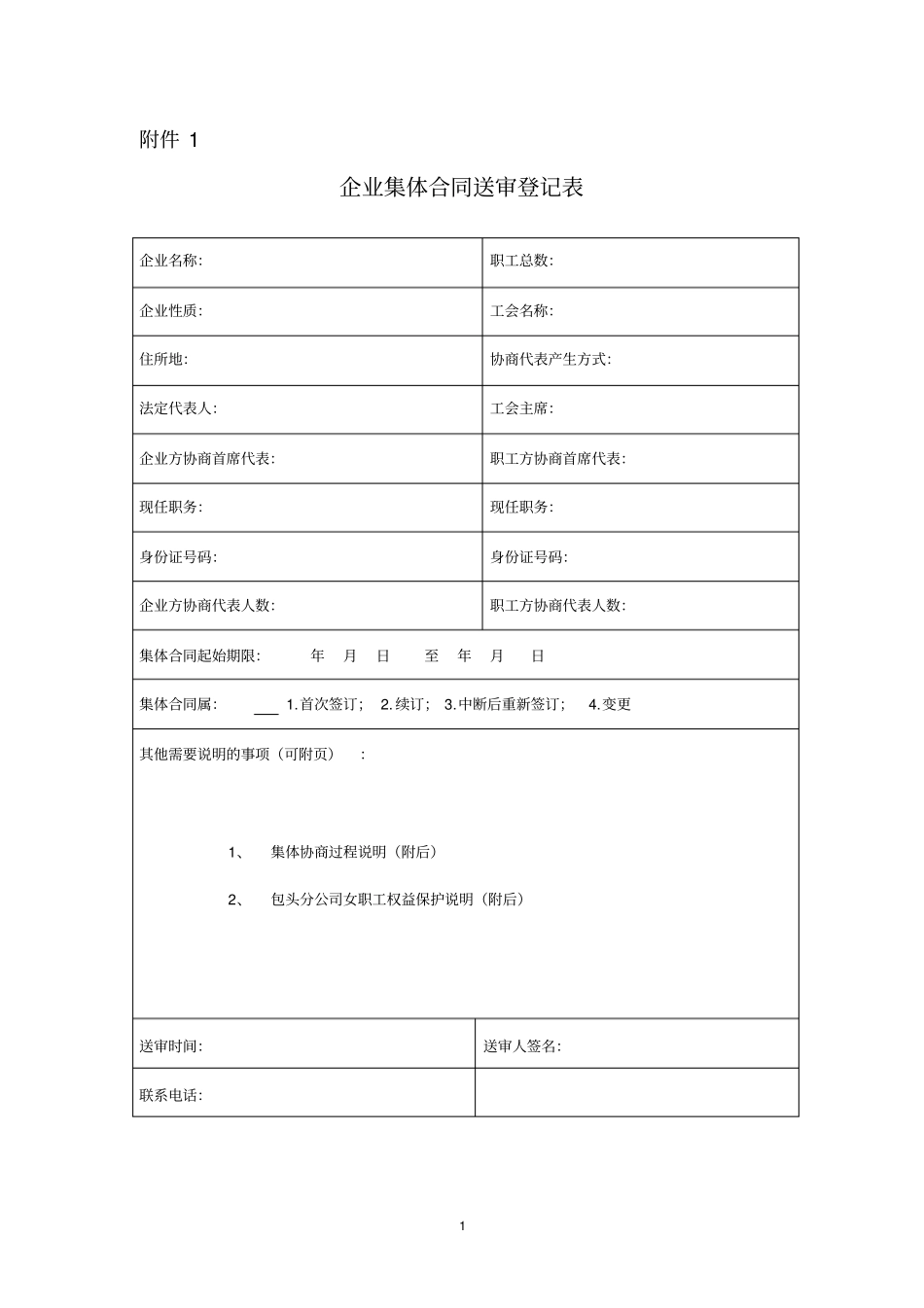 企业集体合同送审登记表_第1页