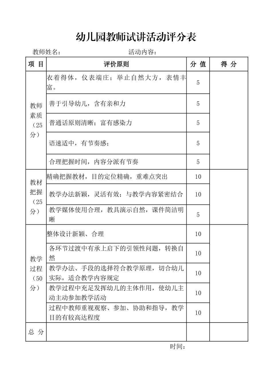 2025年幼儿园教师试讲活动评分表_第1页