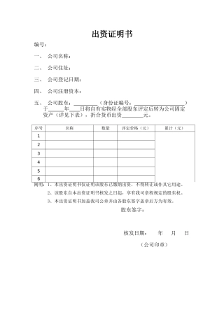2025年实物出资证明书