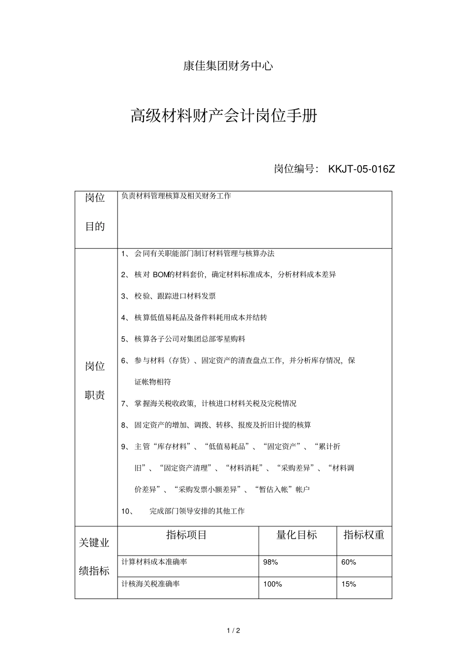 企业高级材料财产会计岗位职务说明_第1页