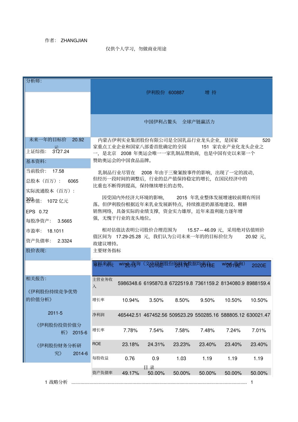 伊利集团年财务报表分析报告_第1页