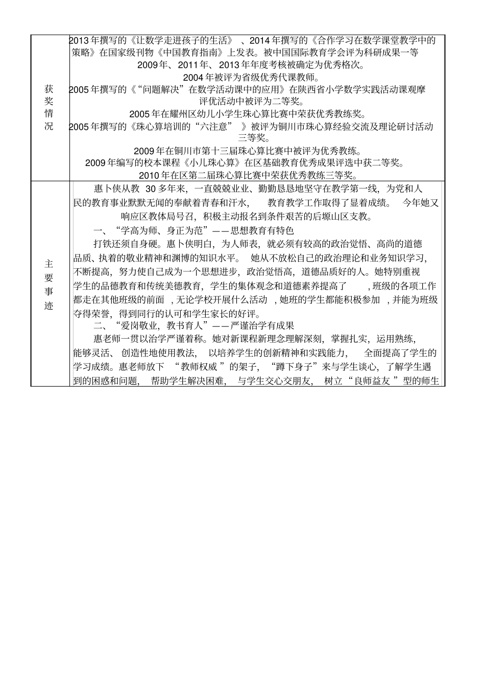优秀教师和先进教育工作者申报表_第2页