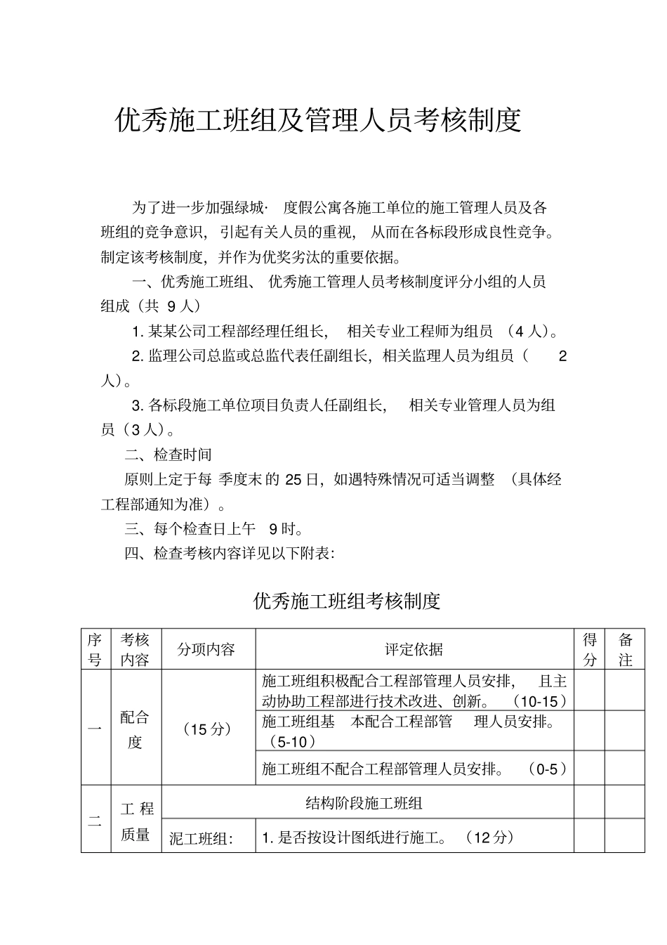 优秀施工班组及管理人员考核制度_第1页