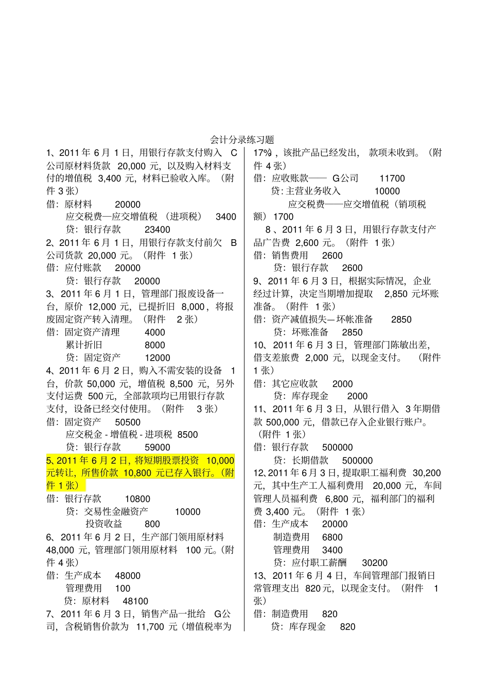 会计分录相关练习题_第1页