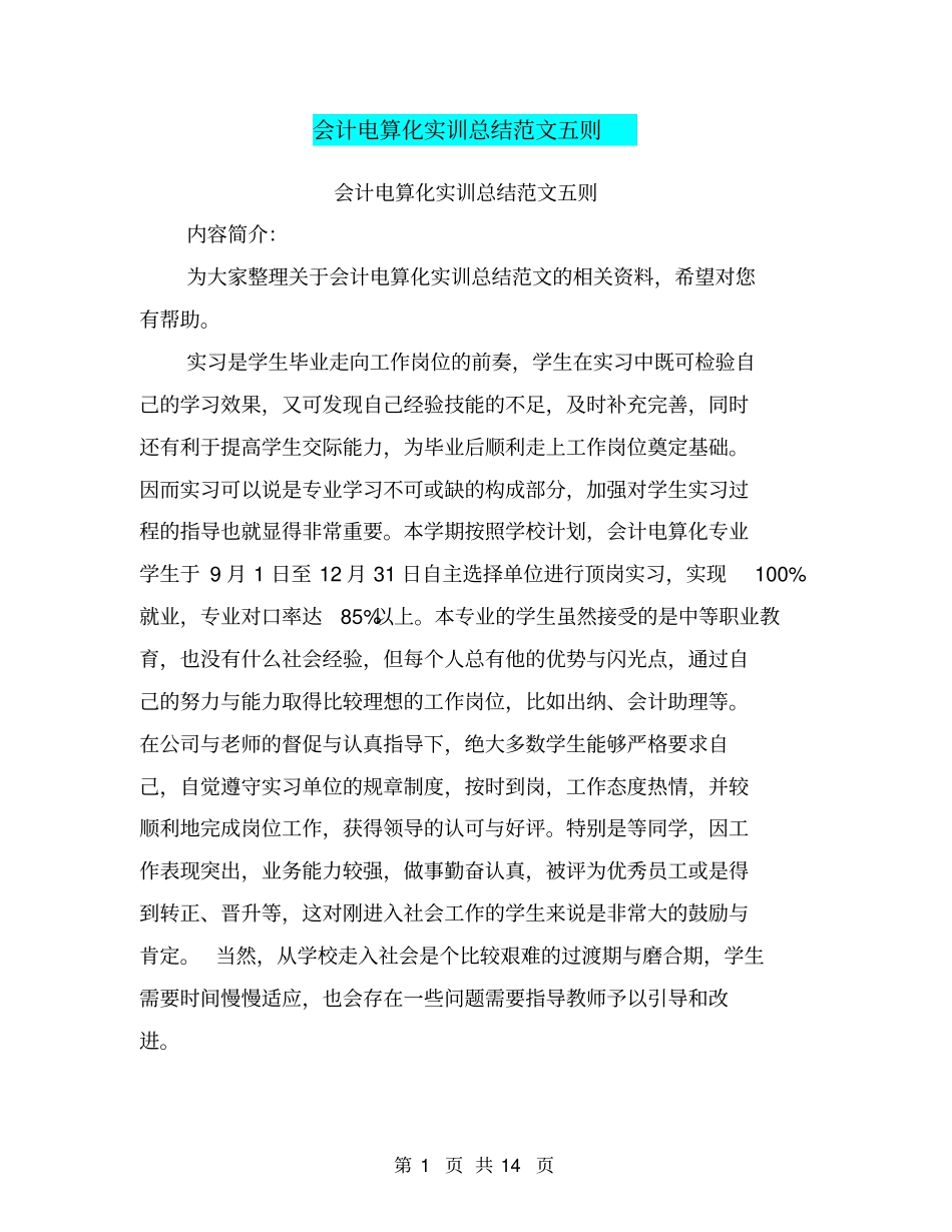 会计电算化实训总结范文五则_第1页