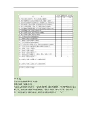 住院患者护理服务满意度调查表