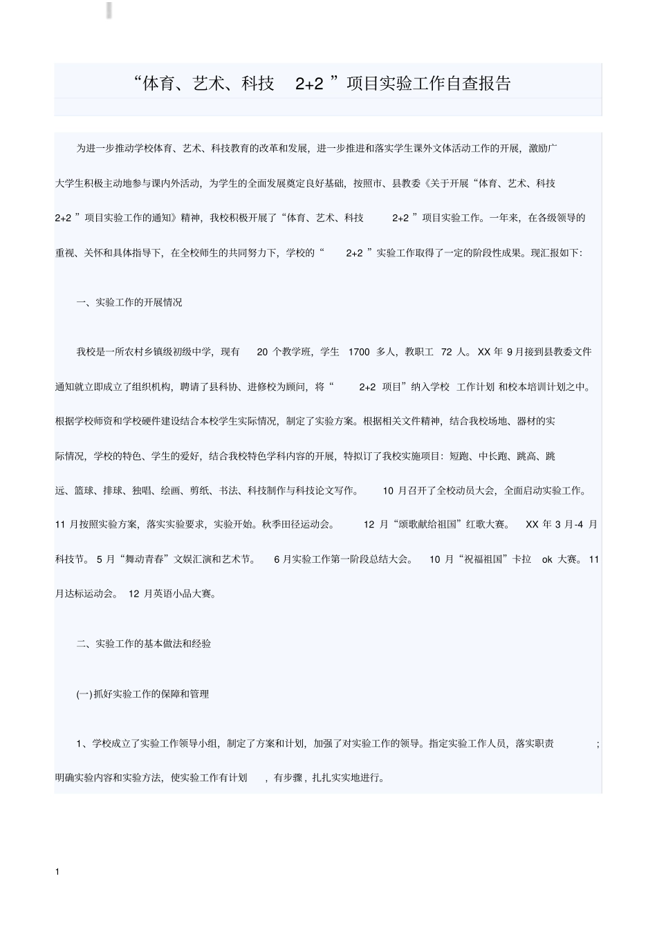 体育、艺术、科技2+2项目试验工作自查报告_第1页