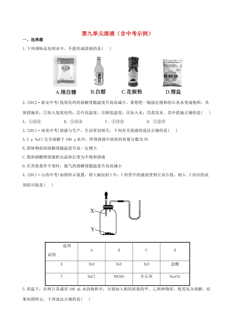 版中考化学 第九单元溶液精练精析(含中考示例) 新人教版 课件_第1页