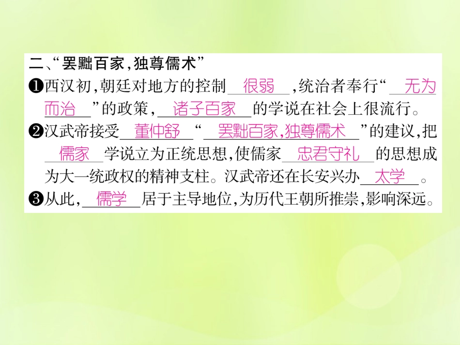 秋七年级历史上册 第3单元 秦汉时期 统一多民族国家的建立和巩固 第12课 汉武帝巩固大一统王朝作业课件 新人教版 课件_第3页