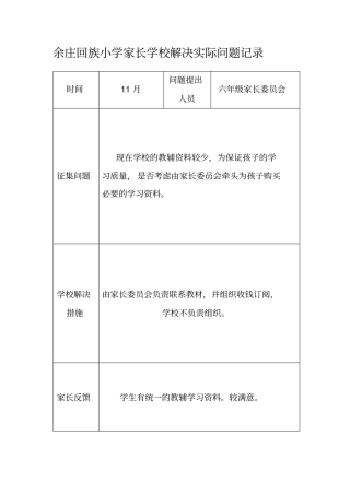 余庄回族小学家长学校解决实际问题记录