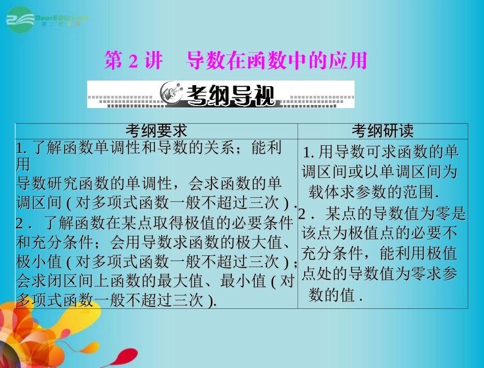 高三数学 第四章第2讲导数在函数中的应用复习课件 新人教A版  课件_第1页
